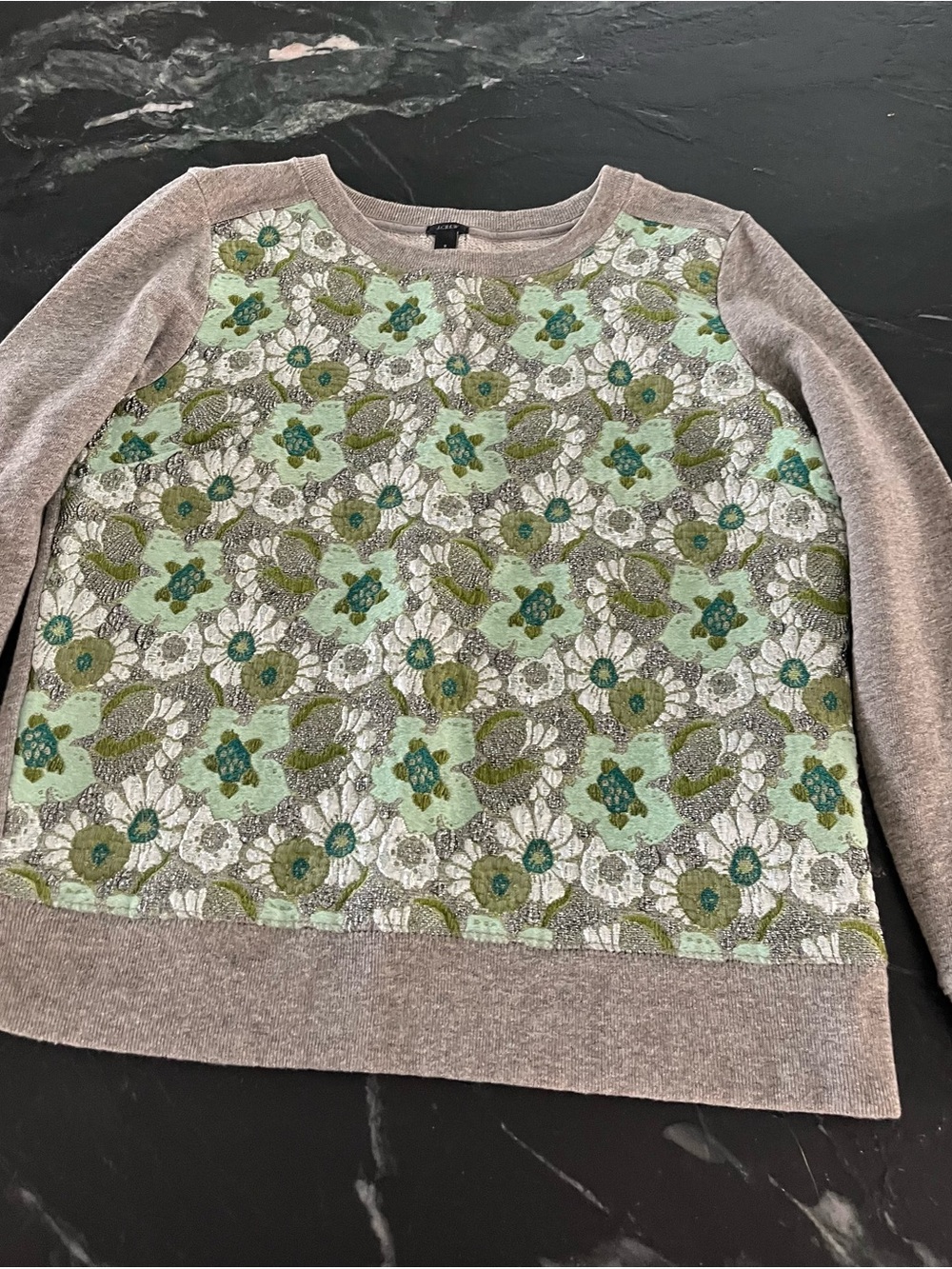 J. Crew Taupe Crewneck Sweater with Mint Green Floral Lace Front